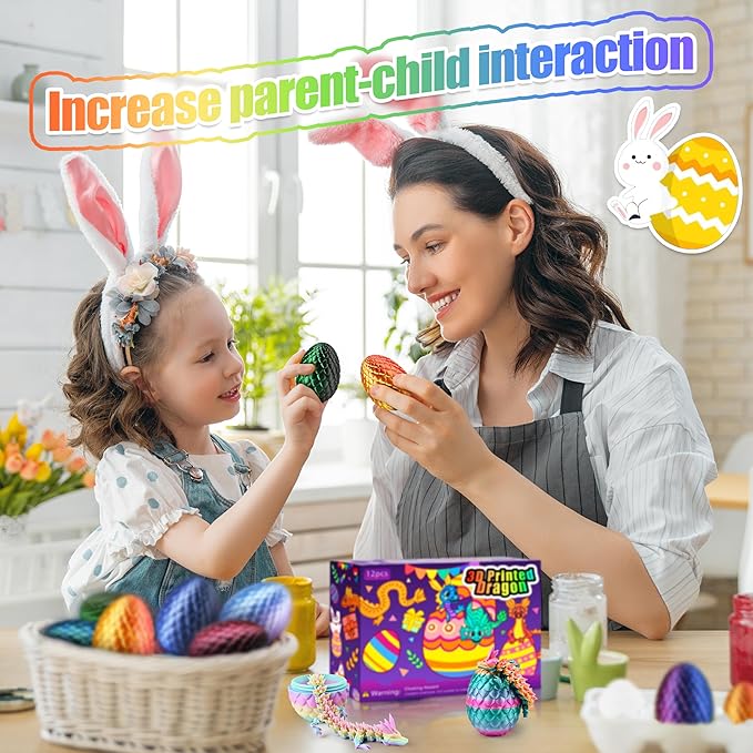 12PCS 3D Printed Dragon Eggs with Dragon Inside, Cool Stuff Fun Gifts, Mini Dragon Egg Set Articulated Crystal Dragon Fidget Toy for Adults Teens Boy Gifts Easter Basket Stuffers