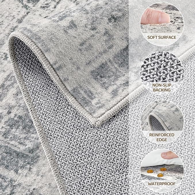 Area Rug for Living Room: 6x9 Washable Neutral Abstract Modern Soft Rugs Non Slip Indoor Floor Stain Resistant Large Carpet for Bedroom Dining Room Office Nursery - Gray