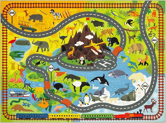 KC Cubs 5x7 Animal Safari Toy Car Road Rug – Educational Play Mat Carpet for Kids, Toddlers, Nursery, Classroom, Playroom, Baby Daycare, Boys & Girls