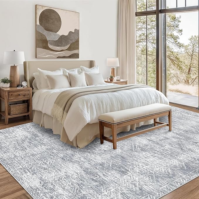 COZYLOOM 5x7 Rug Living Room Modern Washable Distressed Accent Carpet with Non-Slip Backing, Ultra-Soft Contemporary Geometric Floor Mat for Kitchen, Bedroom, Grey