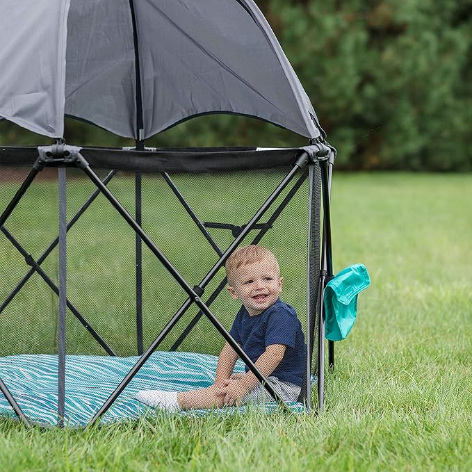 Baby Delight Go With Me Eclipse Mesh Portable Playard | Playpen | Sun Canopy | Indoor and Outdoor | Watercolor Stripe Base