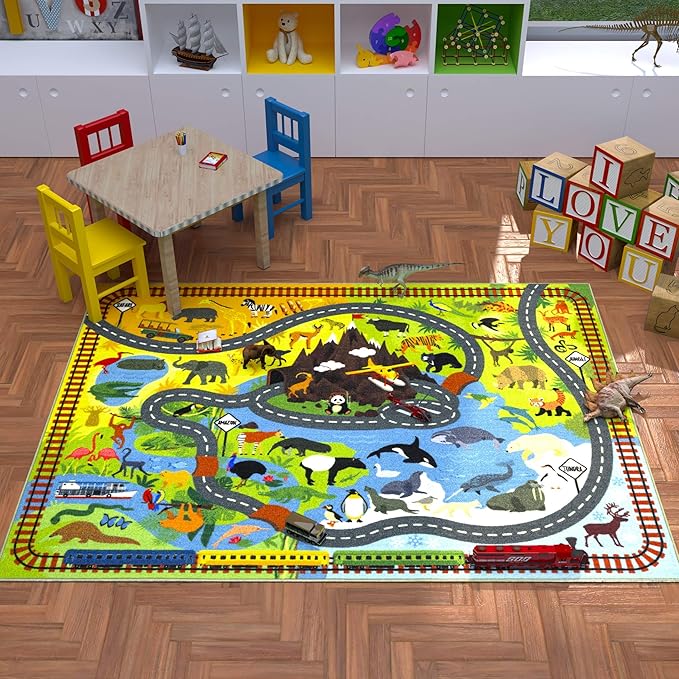 KC Cubs 3x5 Animal Safari Toy Car Road Rug – Educational Play Mat Carpet for Kids, Toddlers, Nursery, Classroom, Playroom, Baby Daycare, Boys & Girls