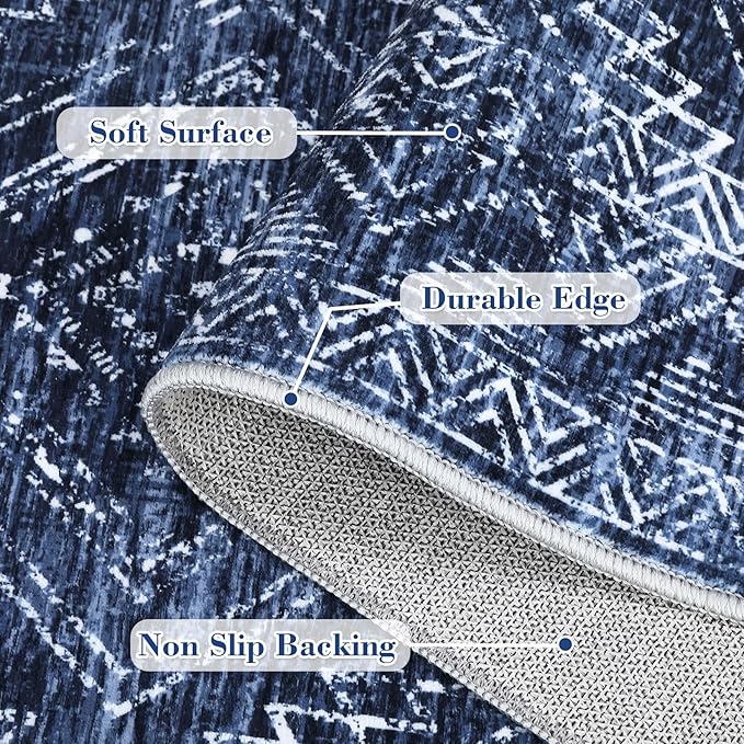 COZYLOOM Bedroom Rug 8x10 Under Bed Machine Washable Area Rugs Modern Abstract Floor Cover with Non Slip Backing Stain-Resistant Geometric Carpet for Nursery, Living Room, Blue