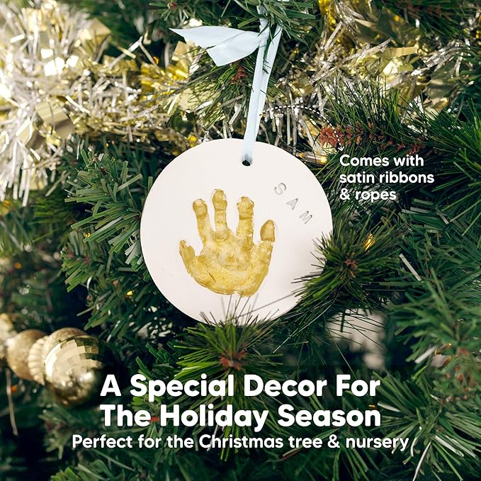 Baby Hand and Footprint Kit Girls, Boys - Personalized Baby Footprint Ornament Kit, Newborn Keepsake Gifts for New Mom, Easy to Use Handprint Makers, Cute Shower Gifts (Gold Paint, Cherish)