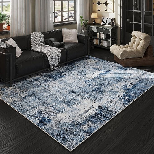 6x9 Rug Washable Bedroom Rug Large Boho Rug Soft Area Rug Abstract Pattern Non-Slip Non-Shedding Faux Wool Vintage Rug for Living Room, Farmhouse, Dining Room, Kids Playroom, Blue
