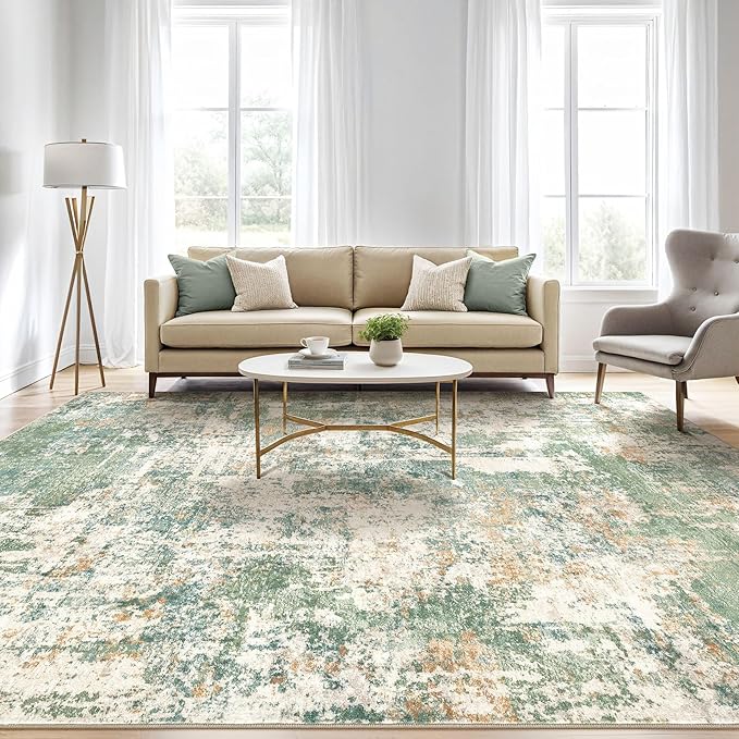 10x14 Area Rugs Living Room: Washable Large Abstract Soft Green Rug Stain Resistant Indoor Floor Non-Slip Accent Carpet for Men Modern Home Enthusiasts Aged 25-45 - Bedroom Office Playroom