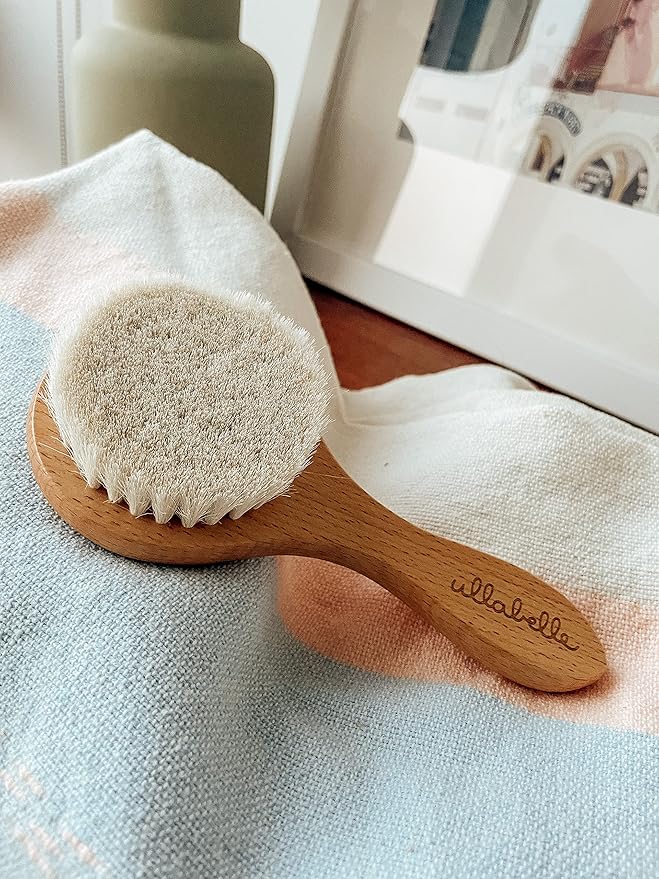 3 Piece Wooden Baby Hair Brush and Comb Set for Newborns & Toddlers in Chic Gift Box - Ultra Soft Natural Goat Hair and Wood Baby Brush Set Prevents Cradle Cap - Perfect Registry Gift (Sage)