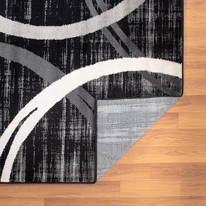Rugshop Modern Wavy Circles Design Round Rug 6' 6" (6' 6" Diameter) Black
